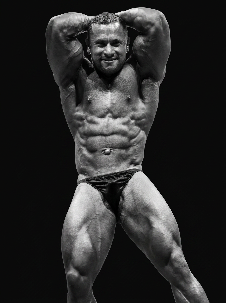Black and white side pose of Domenico Monk against a dark background